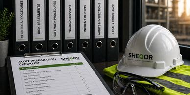 Safety audit preparation materials with checklist, helmet, and safety glasses on a table.
