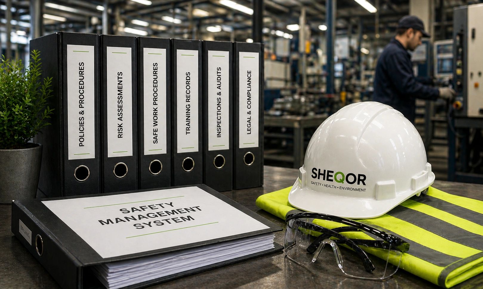 Safety management documents, helmet, vest, and glasses on a factory table.