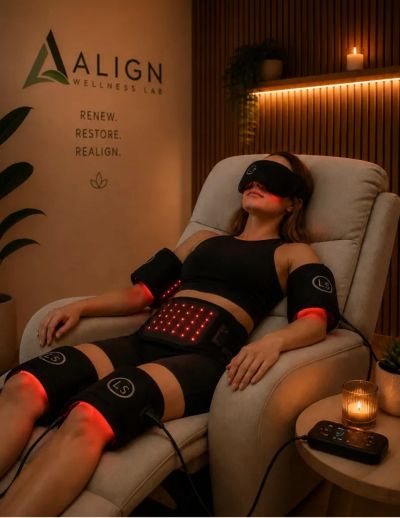 Woman relaxing with wellness devices at Align Wellness Lab.