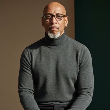 A man with glasses and a gray turtleneck poses against a dark background.