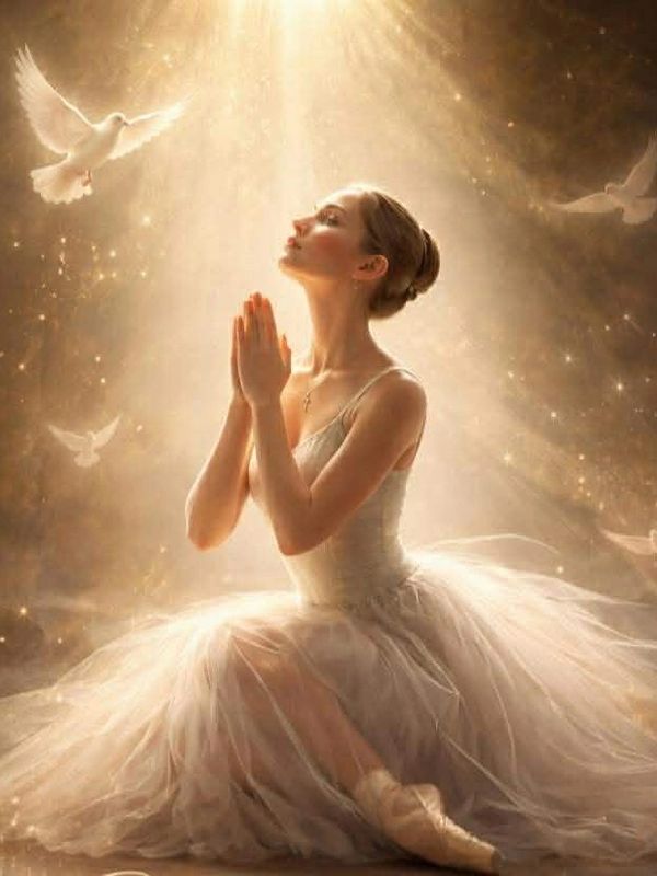 A ballerina in prayer bathed in golden light with white doves around.