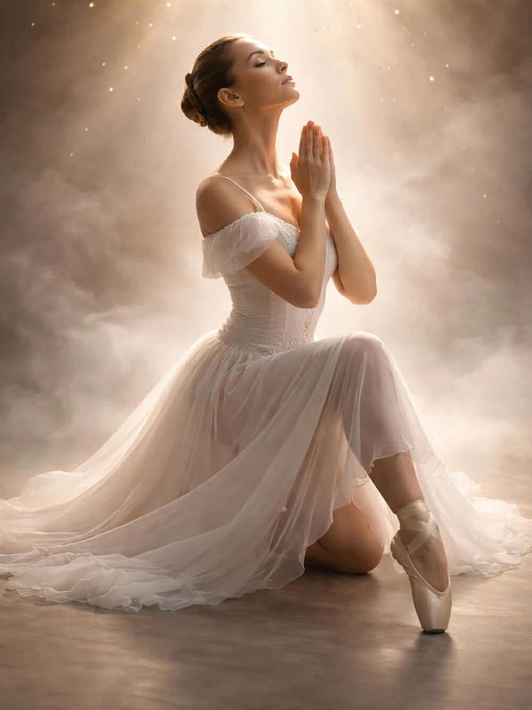 Ballerina in white dress kneeling gracefully with hands in prayer.