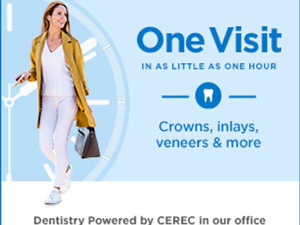One Visit In as little as one hour.Crowns, inlays, veneers. Dentistry Powered by CEREC in our office