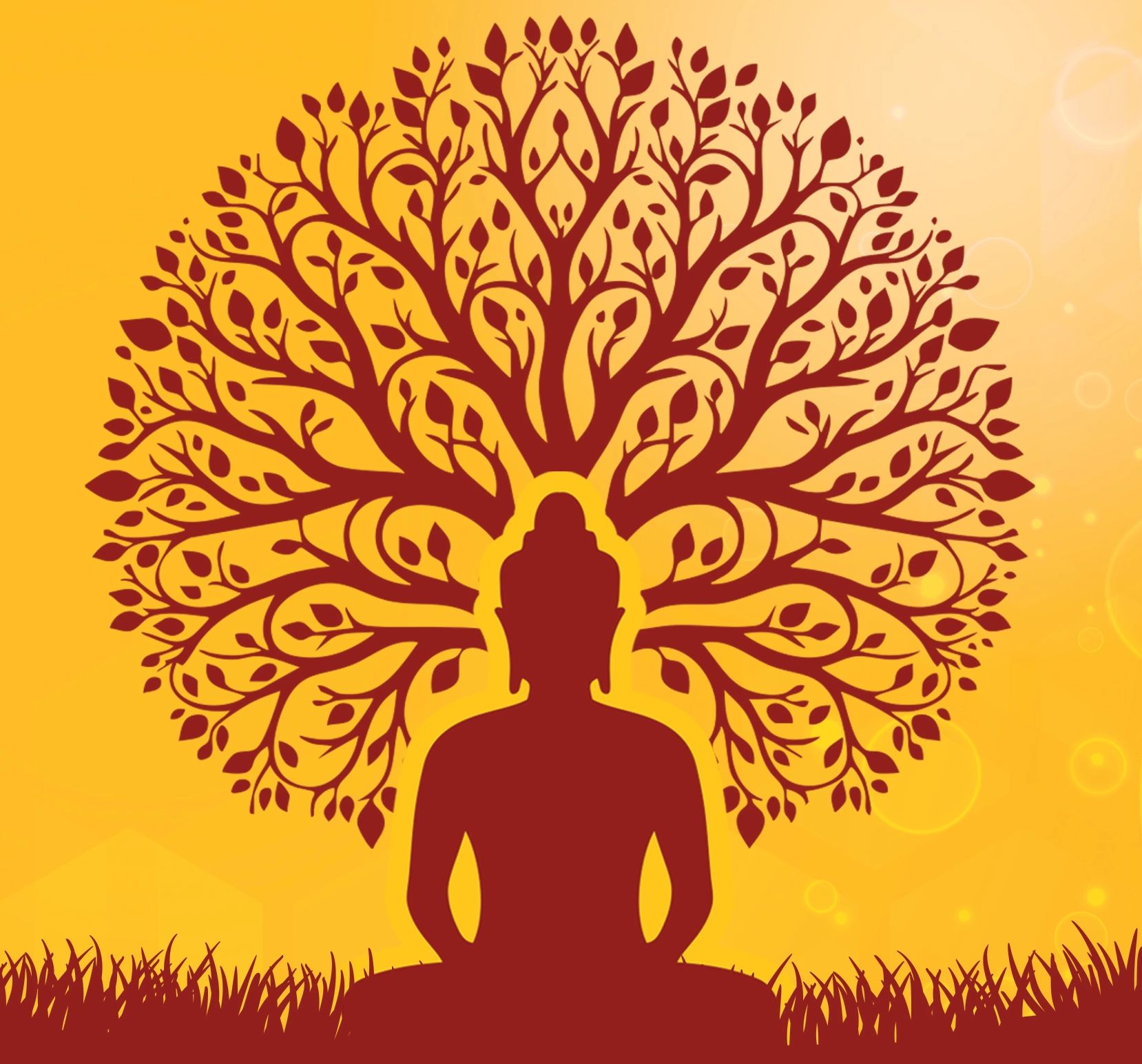 Silhouette of Buddha meditating with a tree of life behind.