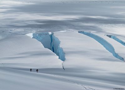 Skiing in Antarctica past crevasses on Breguet Glacier Cierva Cove