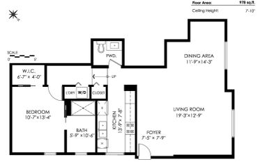 Floor plan of a one-bedroom apartment with kitchen, living room, dining area, bath, and walk-in closet.