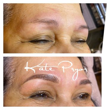 Before and after eyebrow microblading for fuller, defined brows.