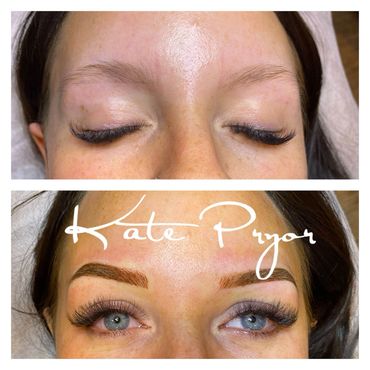 Before and after eyebrow microblading transformation showing fuller, defined brows.
