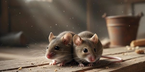 Two small mice sitting closely together on a wooden surface.