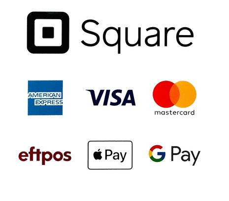Payment method logos including Square, American Express, Visa, Mastercard, eftpos, Apple Pay, and Google Pay.
