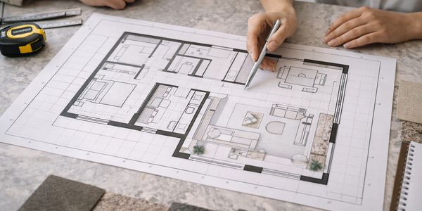 Hands reviewing a detailed architectural floor plan with material samples and measuring tools on the table.