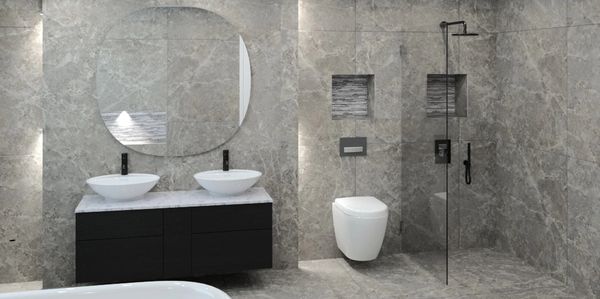 Modern bathroom with gray marble tiles, double sinks, and a walk-in shower.
