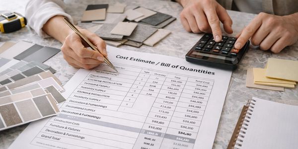 Two people calculating a cost estimate using a calculator and pen with color samples nearby.