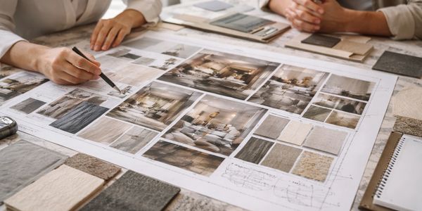 Two people reviewing interior design plans and fabric samples on a table.