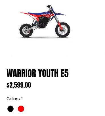 Youth Warrior E5 dirt bike in red and blue, priced at $2,599.