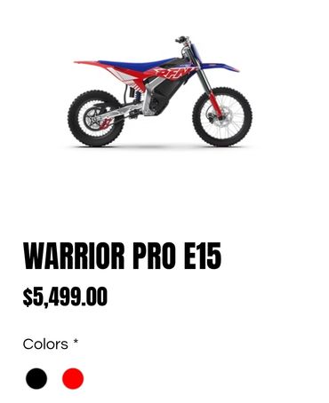 Warrior Pro E15 dirt bike priced at $5,499 with color options.