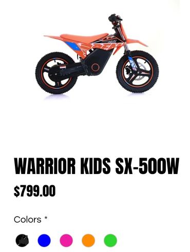 Orange Warrior Kids SX-500W electric bike for kids, priced at $799.
