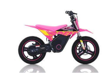 A vibrant pink and yellow electric dirt bike with rugged tires and sleek design.