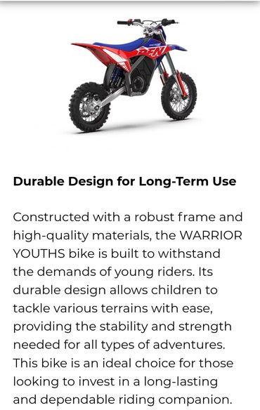 Youth dirt bike with durable design for stability and strength.