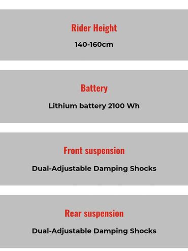 Specifications for a rider including height, battery, and suspension details.