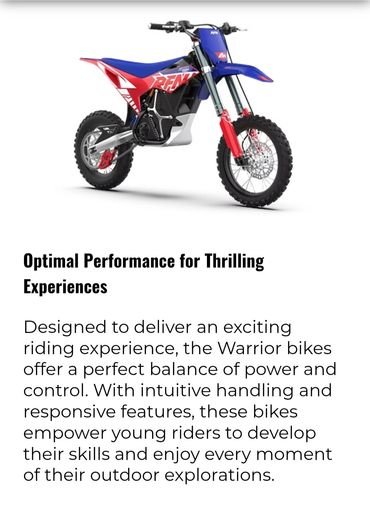 A red, blue, and black Warrior dirt bike designed for young riders.