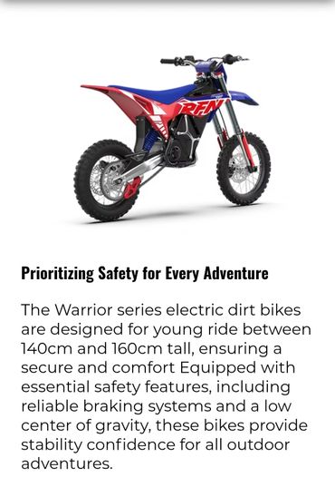 Electric dirt bike designed for young riders with safety features and comfort.