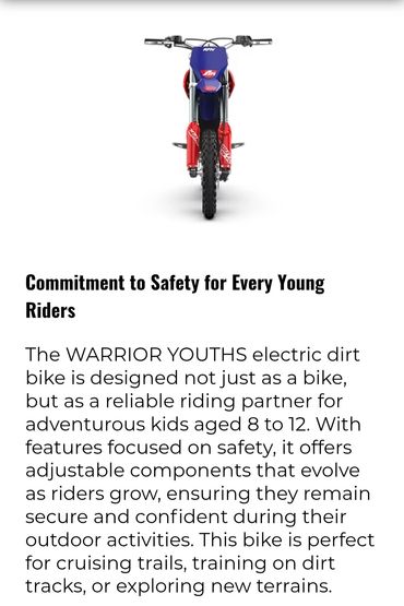 Front view of the WARRIOR YOUTHS electric dirt bike designed for kids aged 8 to 12.