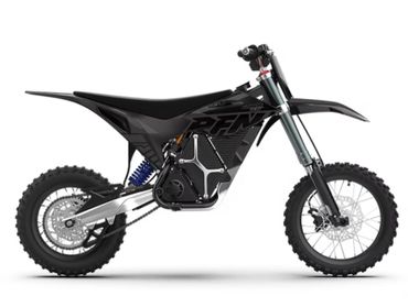 Sleek black electric dirt bike with knobby tires and robust suspension.