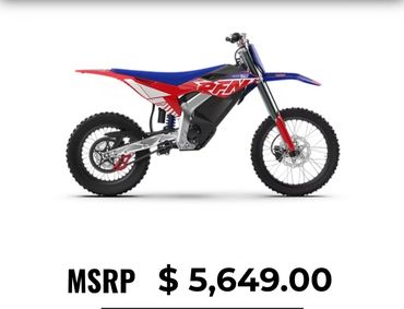 Blue and red dirt bike with MSRP $5,649.00.