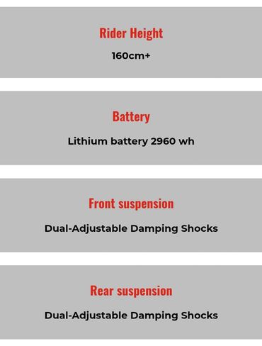 Specifications highlight rider height, battery, and suspension details for a vehicle.