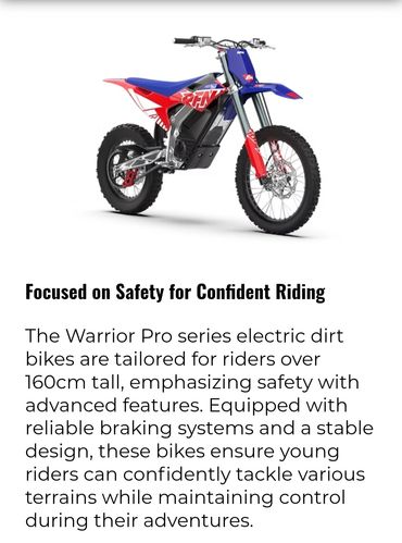 Electric dirt bike designed for safety and control on various terrains.