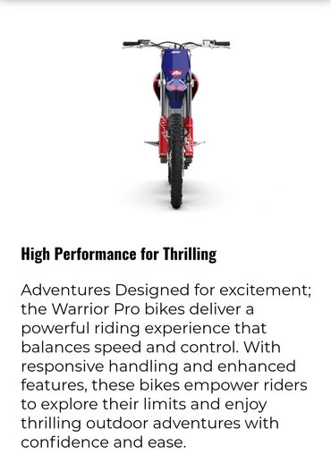 Front view of a red and blue Warrior Pro bike designed for thrilling adventures.