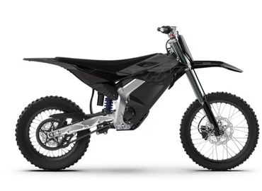 Sleek black dirt bike with rugged tires and modern design.