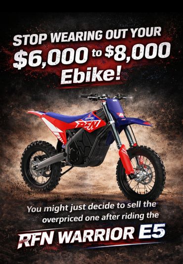 RFN Warrior E5 electric dirt bike showcased with bold pricing and selling points.