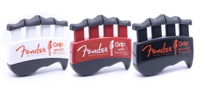 Three Fender Grip hand exercisers in different resistances.