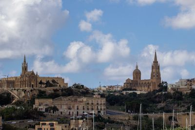Historic cityscape with prominent religious buildings under a blue sky.