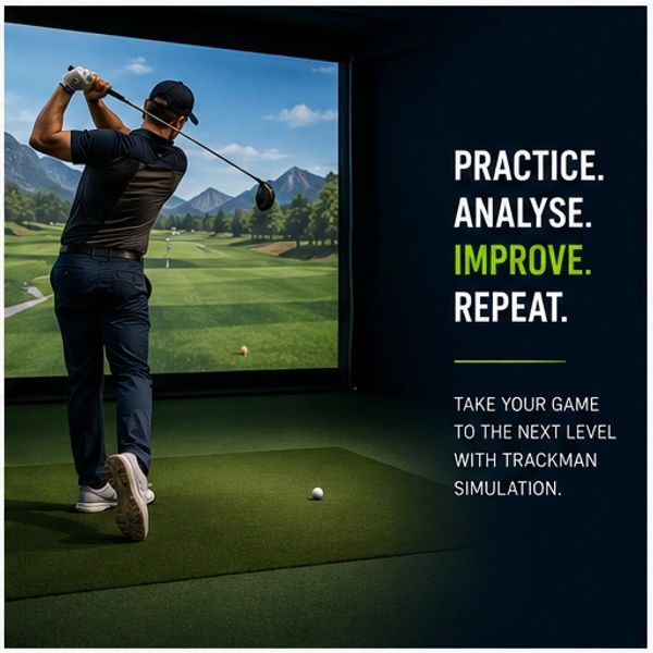 Golfer practicing with Trackman simulation indoors.