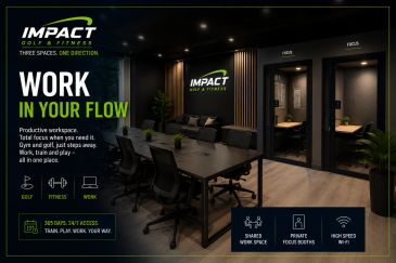 Modern workspace blending golf, fitness, and work with focus booths.
