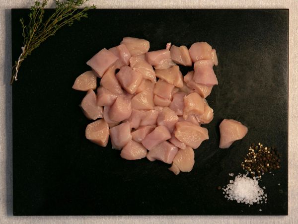 Hand diced chicken breast.