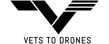 Black logo for Vets to Drones with a stylized V.