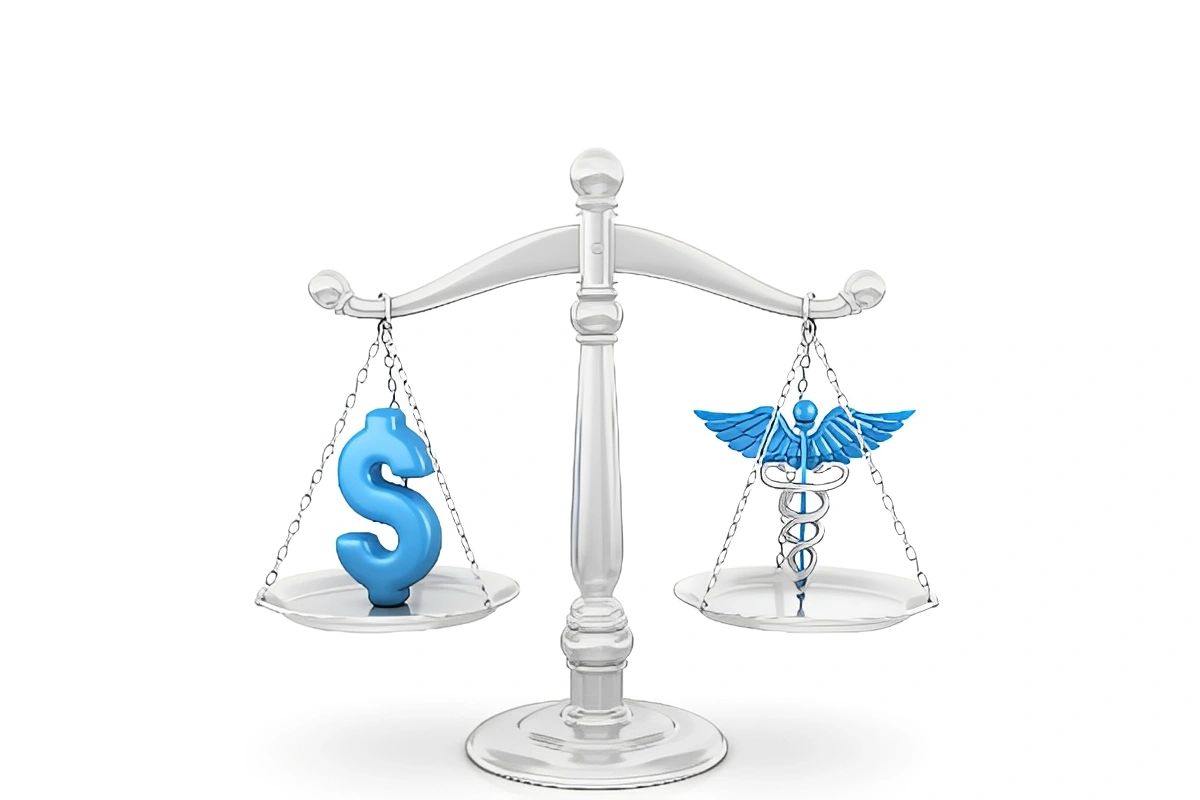 Balance scale weighing money against healthcare symbol.