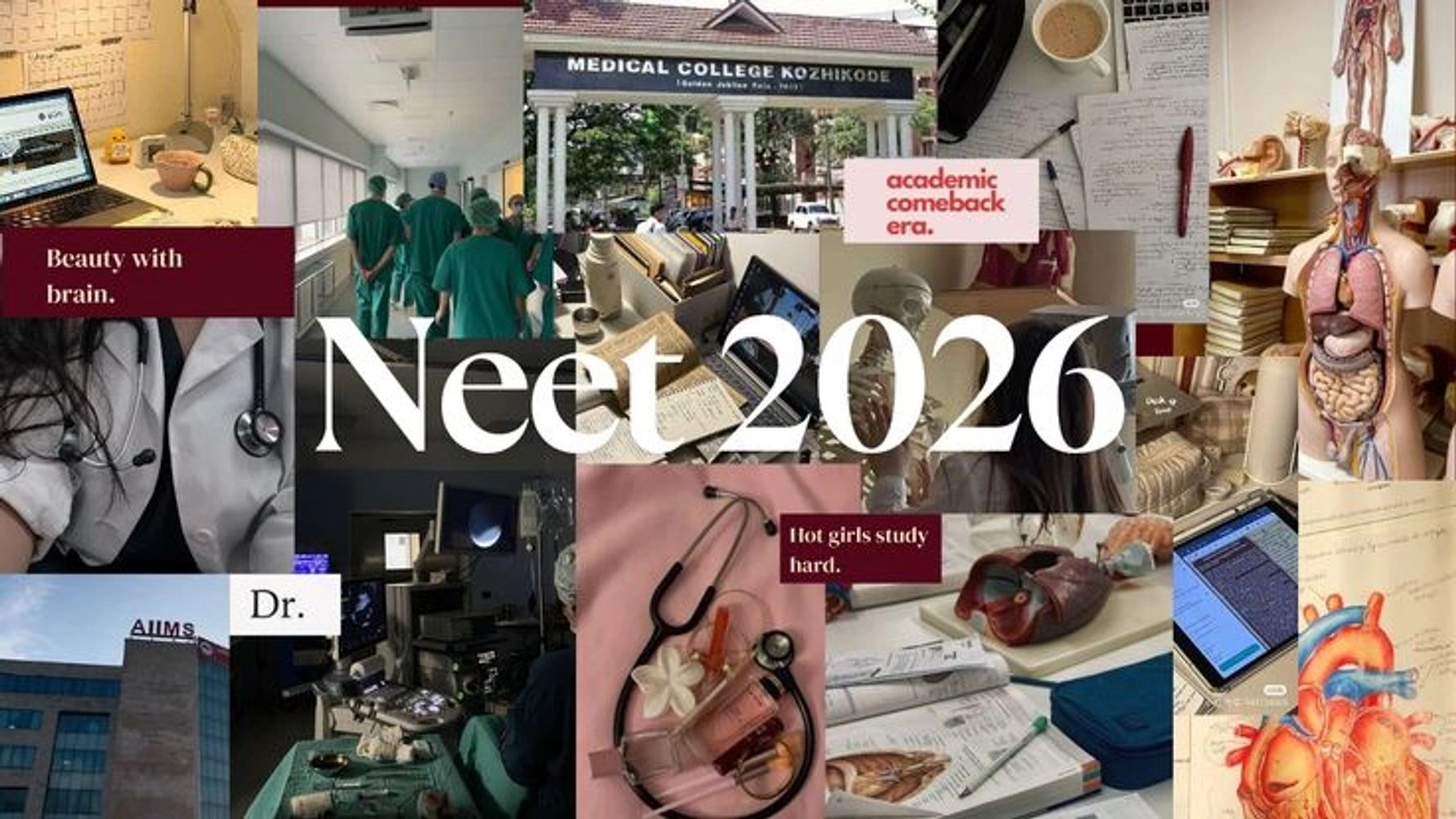 Collage highlighting NEET 2026 medical studies with anatomy, textbooks, and students.