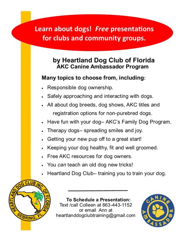 Free dog education presentations by Heartland Dog Club of Florida for community groups.
