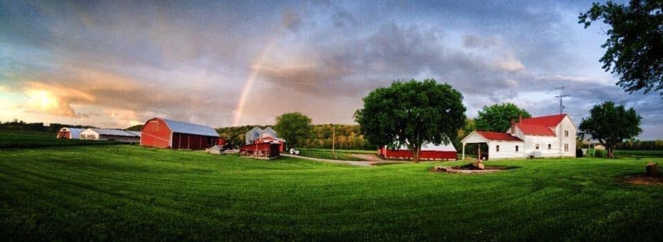 Farm house, red roof, barn, clouds, rainbow, grass, trees