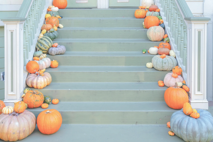 Staircase decorated with a variety of colorful pumpkins and gourds for autumn.