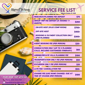Wedding and travel service fee list with various planning fees.