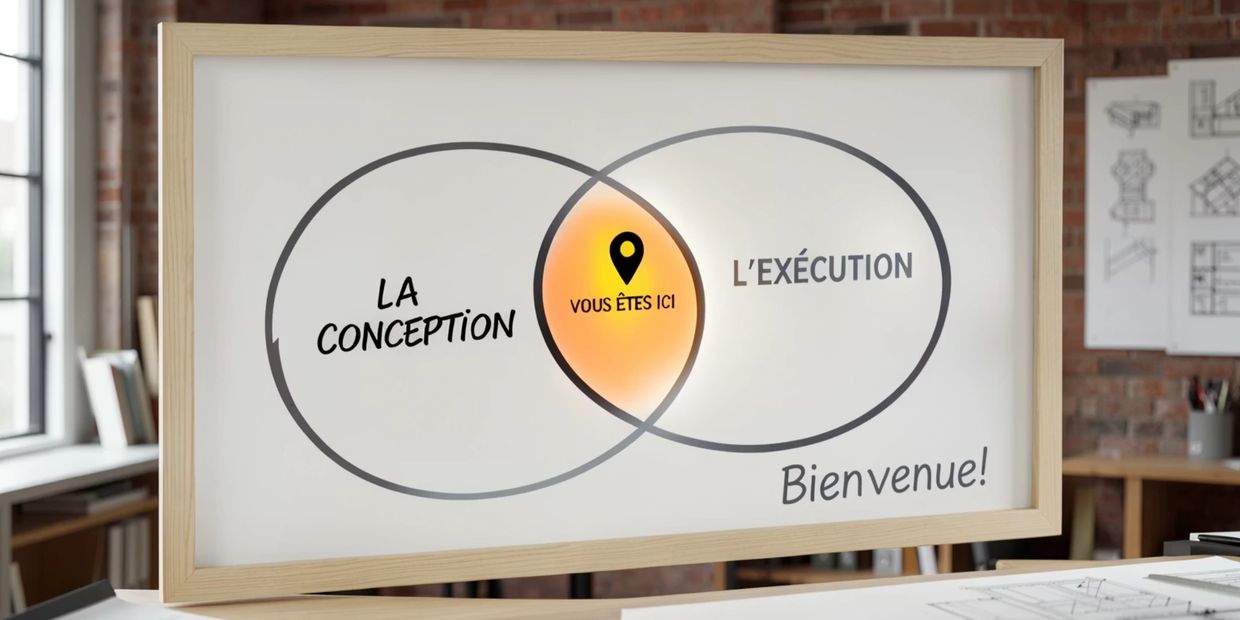 Venn diagram showing 'La Conception' and 'L'Exécution' with 'Vous êtes ici' in the overlap.