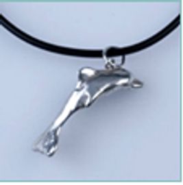 Silver dolphin pendant on a black cord necklace.