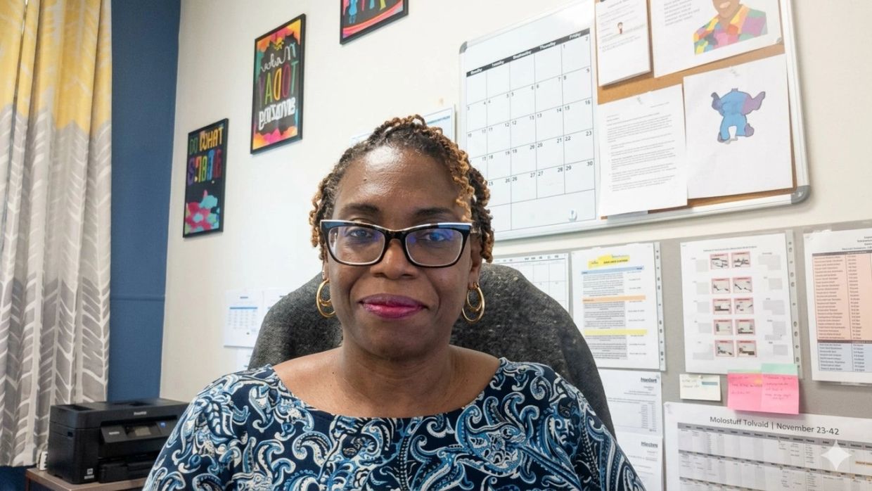 Woman smiling in a cozy office with calendar and notes.