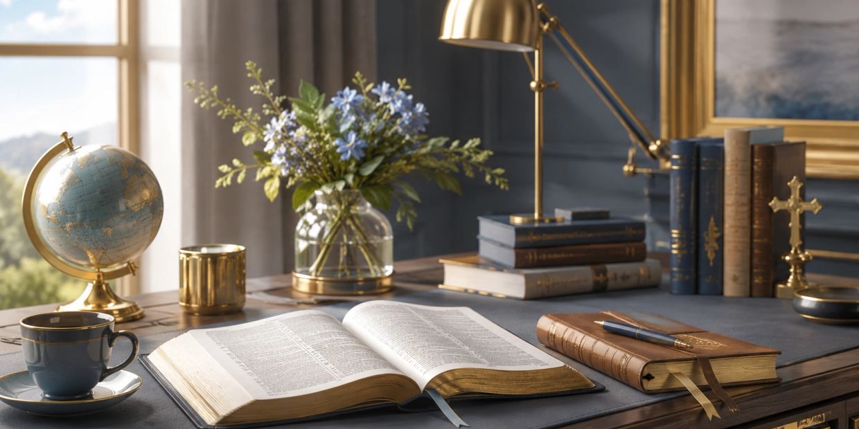 Cozy study desk with open book, globe, flowers, and vintage decor.